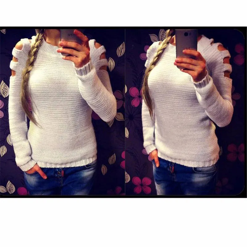 Women's white crocheted hollow-out long-sleeved pullover shirt with round neckline