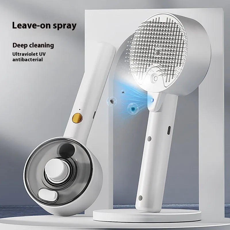 Ceramic white pet grooming brush with mist spray function and UV-C sterilisation light for dogs and cats.
