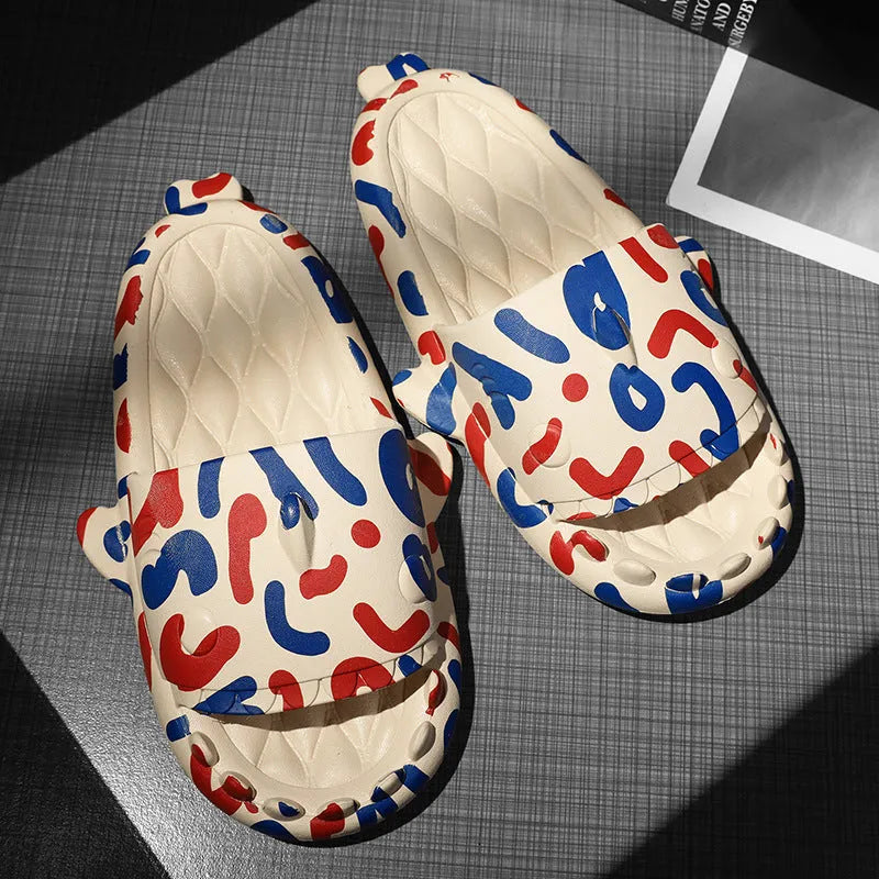 Cute shark design open toe EVA slippers for couples in beige, black, grey, and white colours.