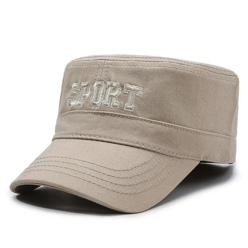 Men's flat-top peaked cotton cap in army green with adjustable strap and English letter detail