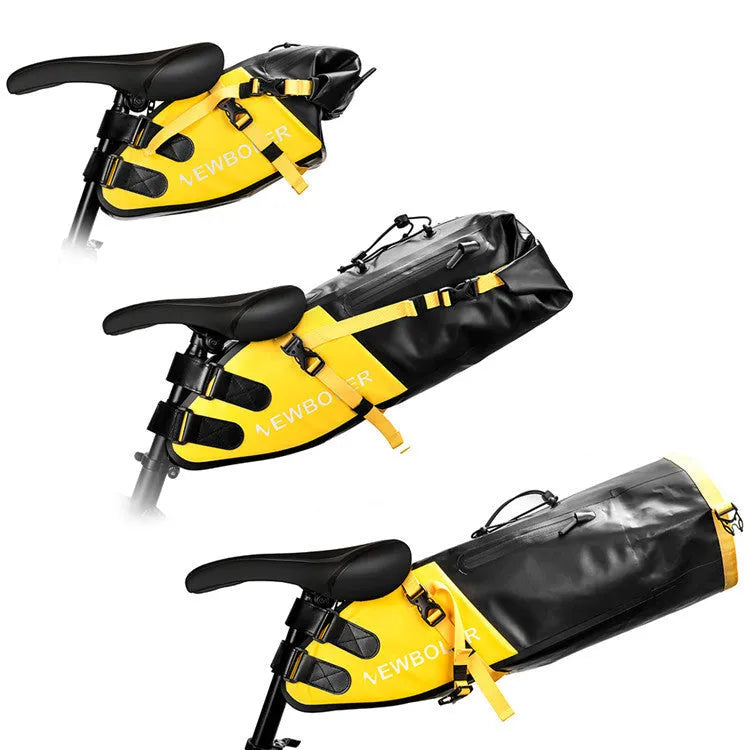 Waterproof PVC bicycle tail bag with 13L capacity in black, green, or yellow colour options.
