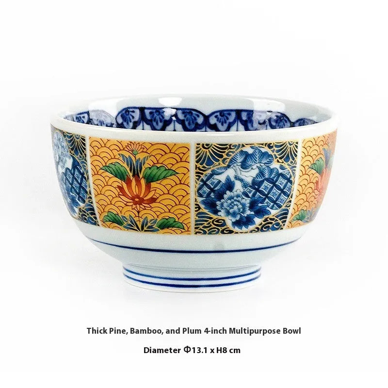 Retro Japanese style porcelain bowls with peony patterns in gold and yellow colours