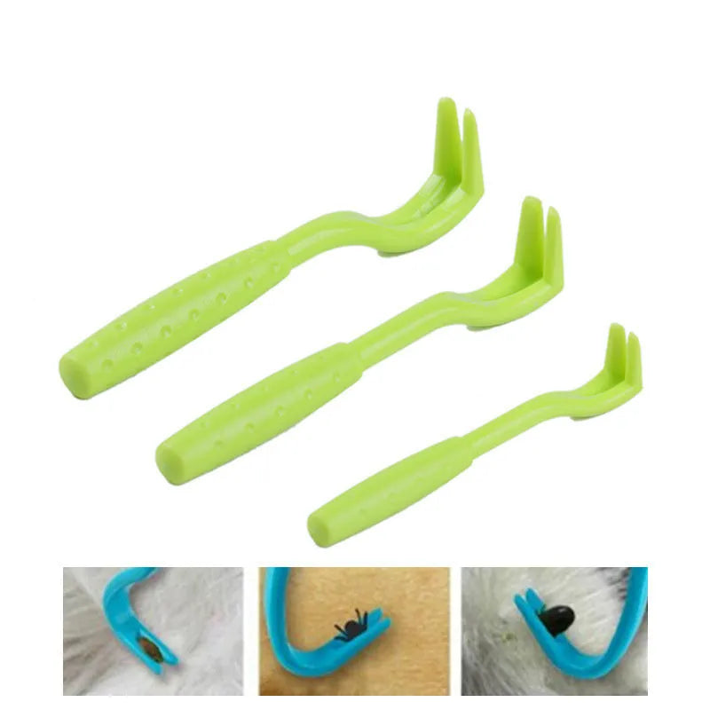 Three blue plastic tick removal clips for dogs and cats on a white background.