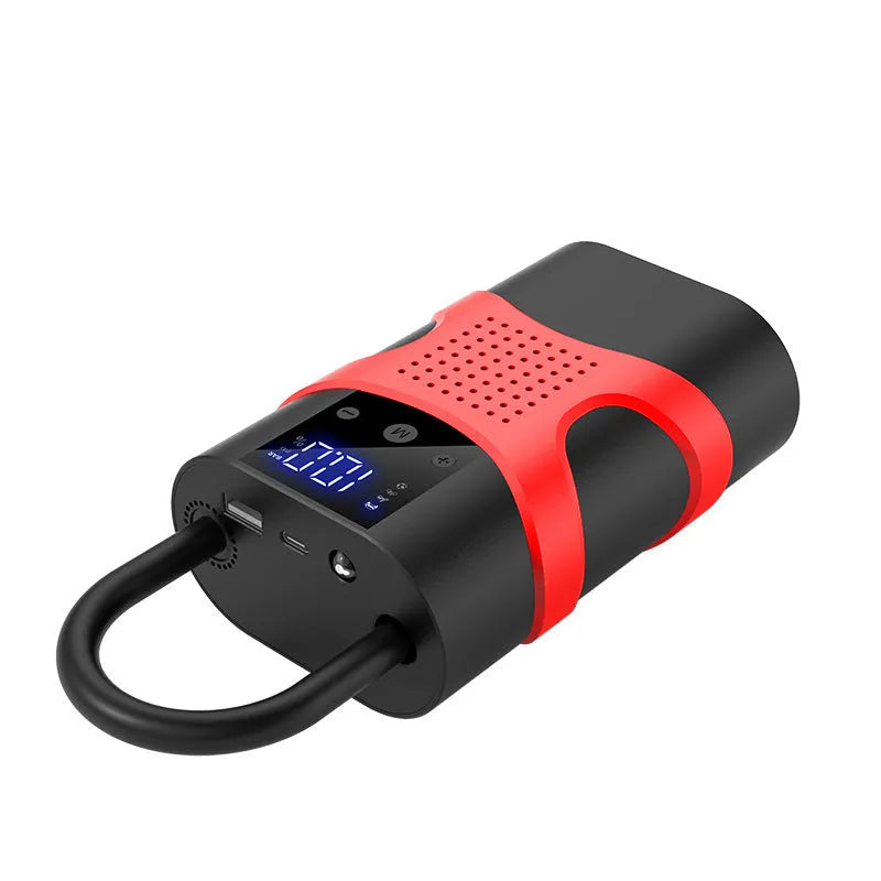 Portable automobile emergency start power source with digital display and electric air pump