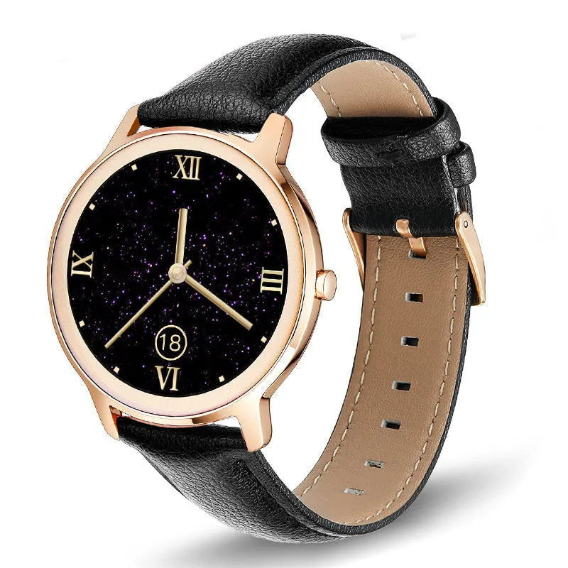 Women's silver smart watch with stainless steel wristband showing 1.3-inch touch screen display