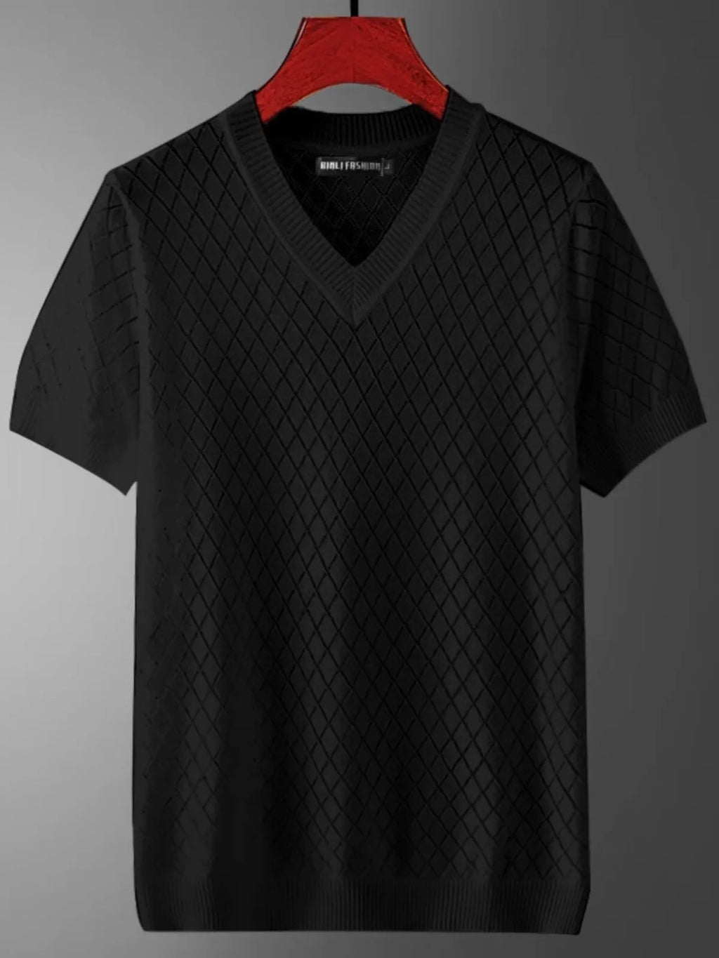 Men's plus size ice silk V-neck t-shirt with Korean style cut-out design in black colour