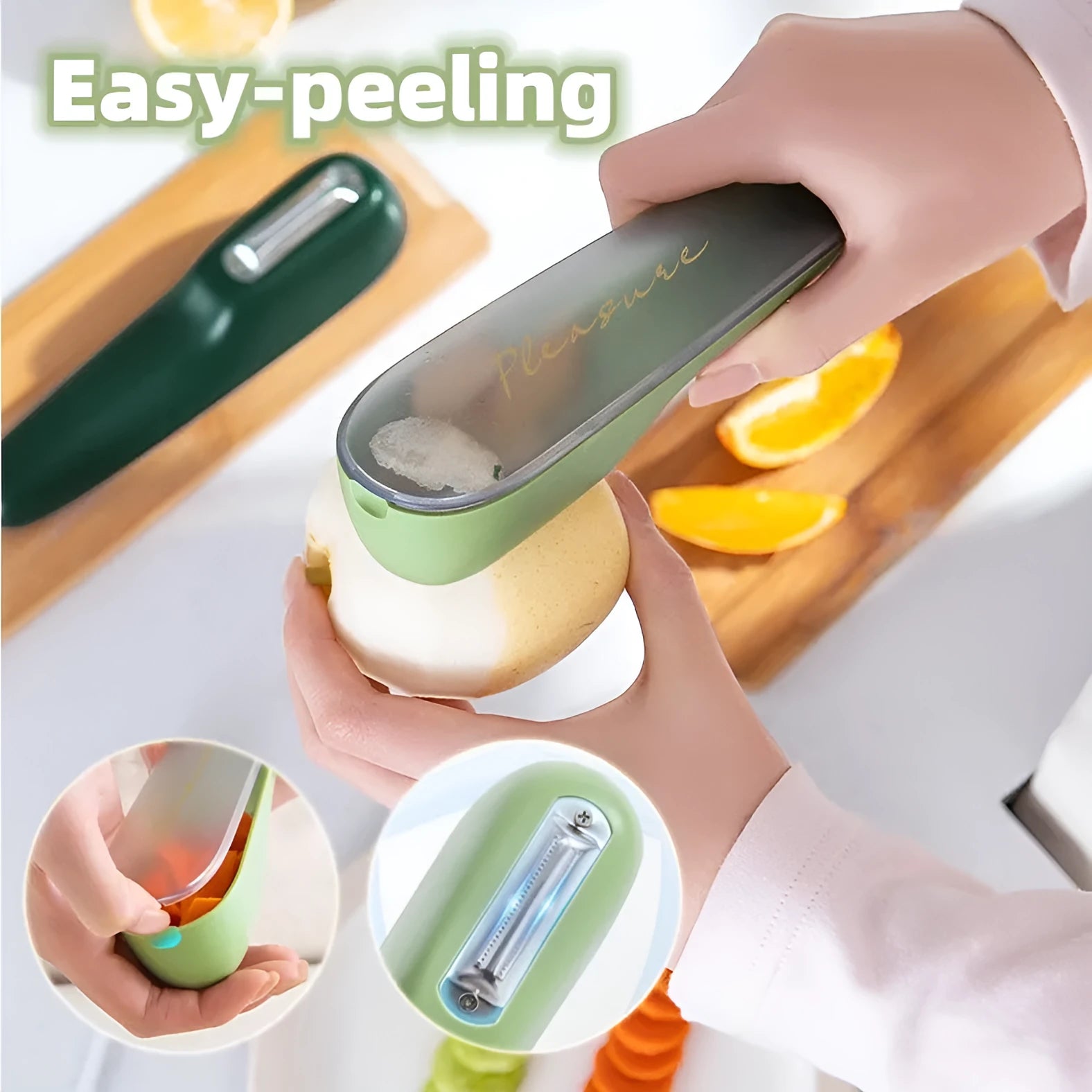 Dark green kitchen peeler with storage tube showing stainless steel blade and hangable handle