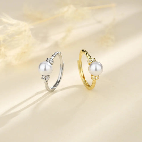 Adjustable copper pearl ring with geometric antique twist design in gold and silver finish options