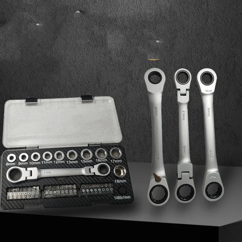 Two-way ratchet wrench set with dual-purpose handle, 10 sockets, and 3 bit heads laid out on a surface.