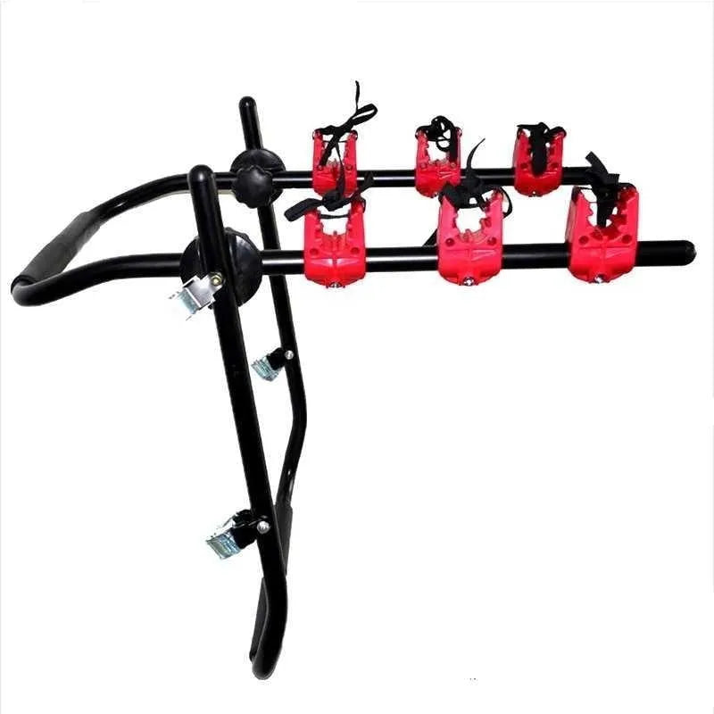 Black and red car boot mounted bicycle rack with protective sponge padding