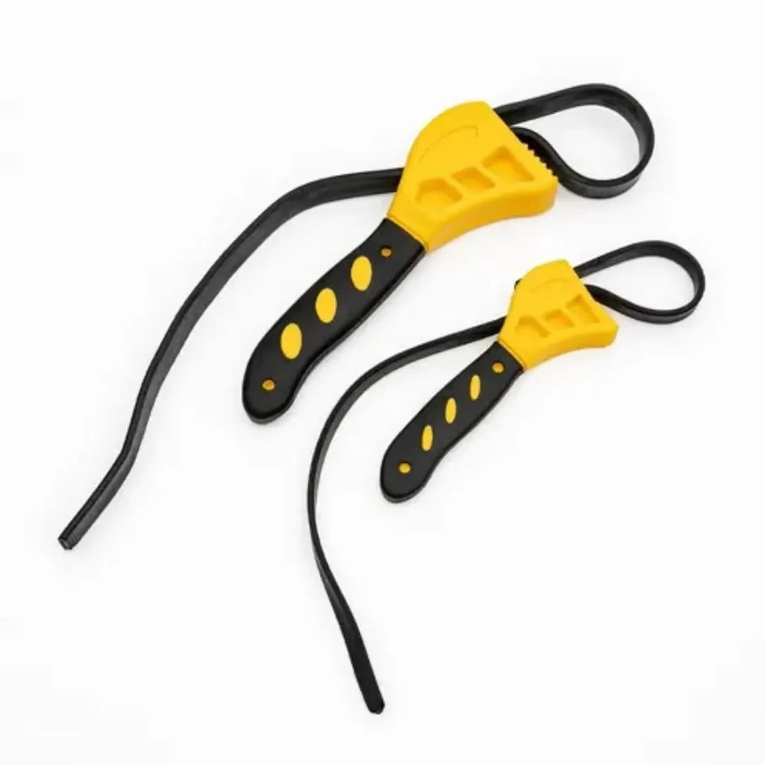 A 6-inch and an 8-inch adjustable rubber strap wrench with a phosphated metal handle.