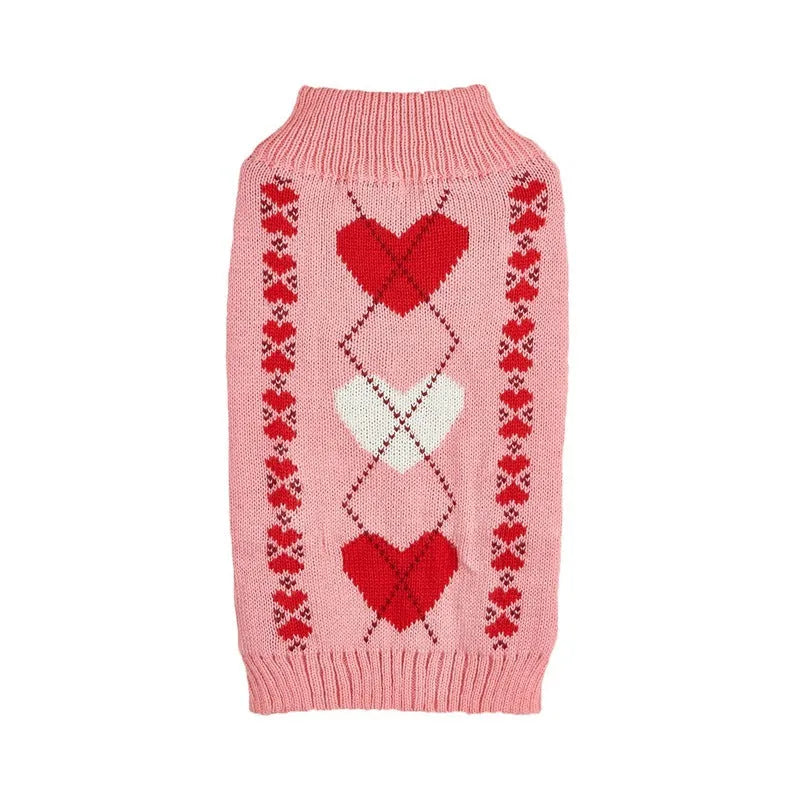 Acrylic knit dog sweater with bow and heart design in various colour patterns