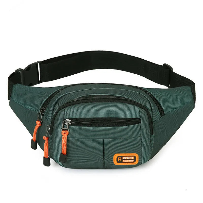 Large black slanted chest bag with a strap, showing its water resistant nylon construction.