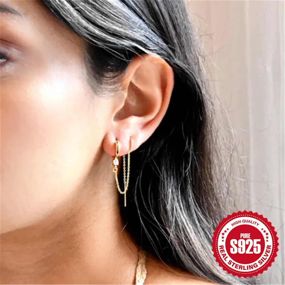 S925 sterling silver geometric stud earrings with a flower and tassel chain design in a gold electroplated finish.