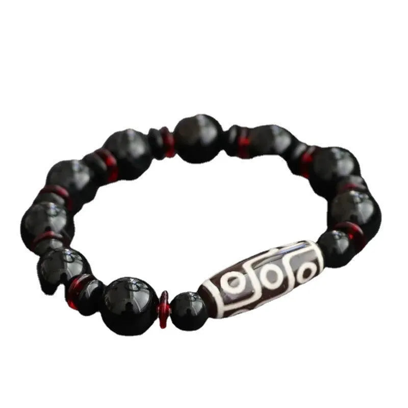 Black agate Dzi bead bracelet with hand-woven treatment and geometric national style design