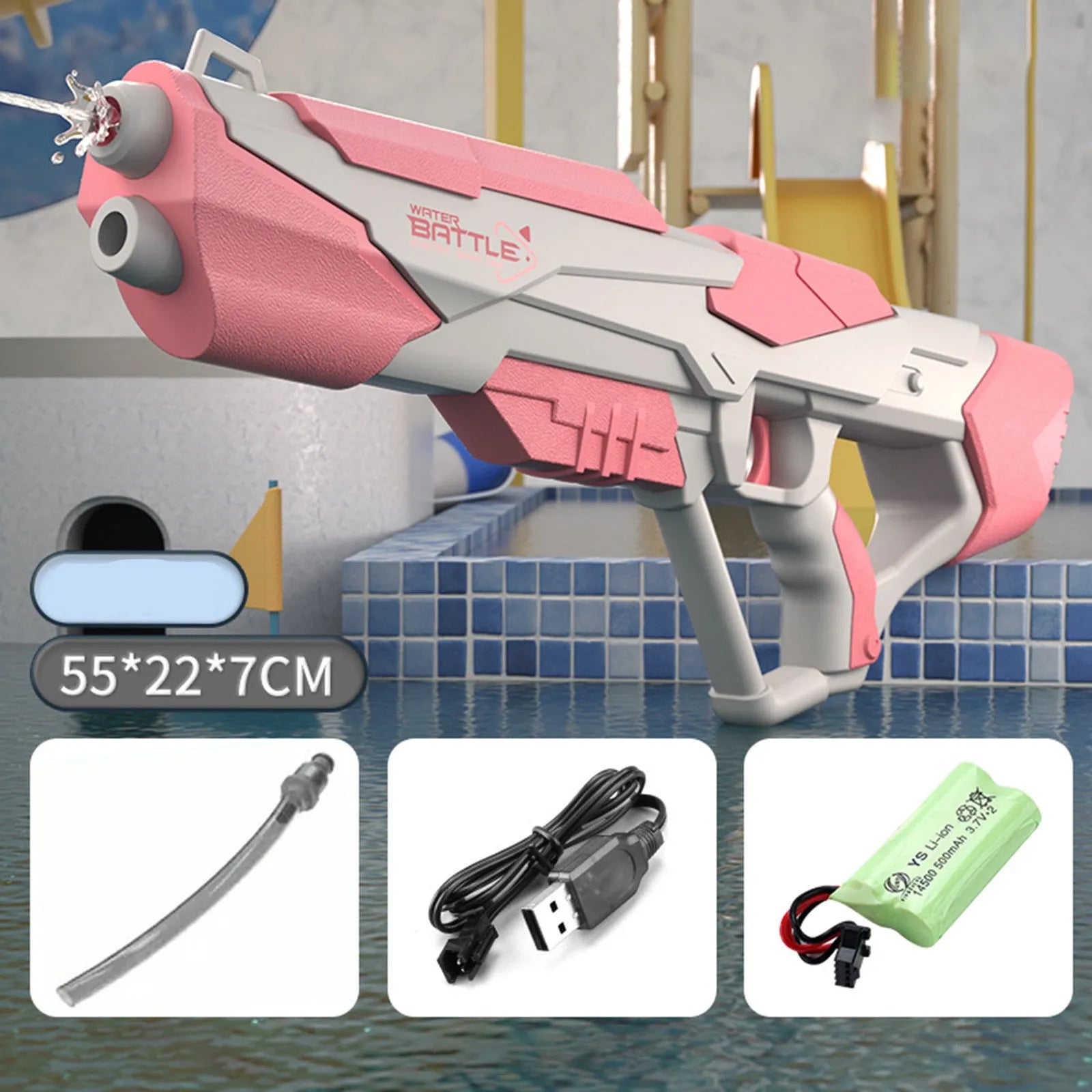 Blue plastic electric space water gun with automatic water absorption for pool and beach play.