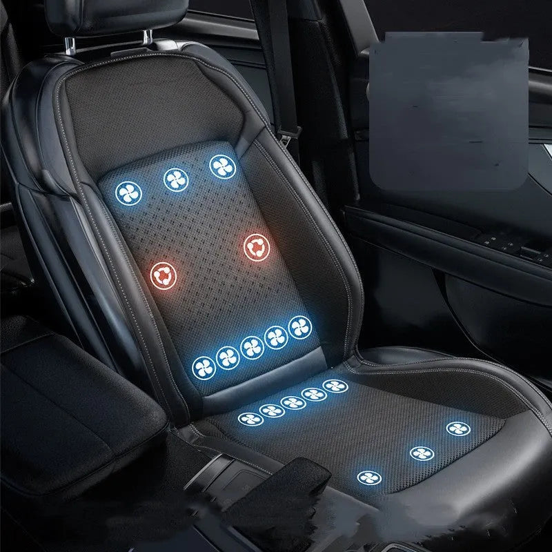 Black car seat cooling pad with USB cable connected to 12V vehicle outlet