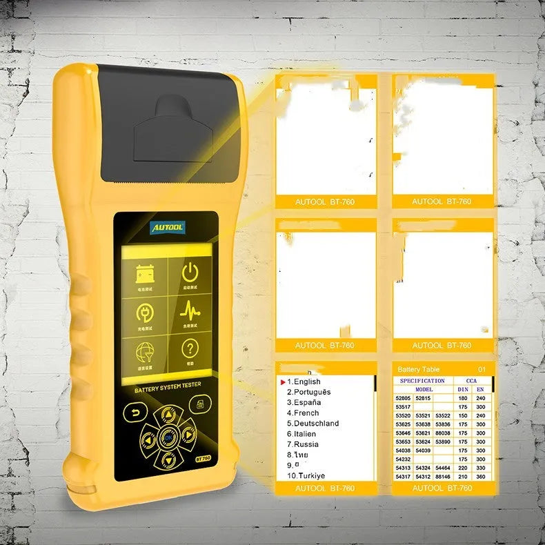 Autool BT760 vehicle battery tester with colour screen, clips, and thermal printer.
