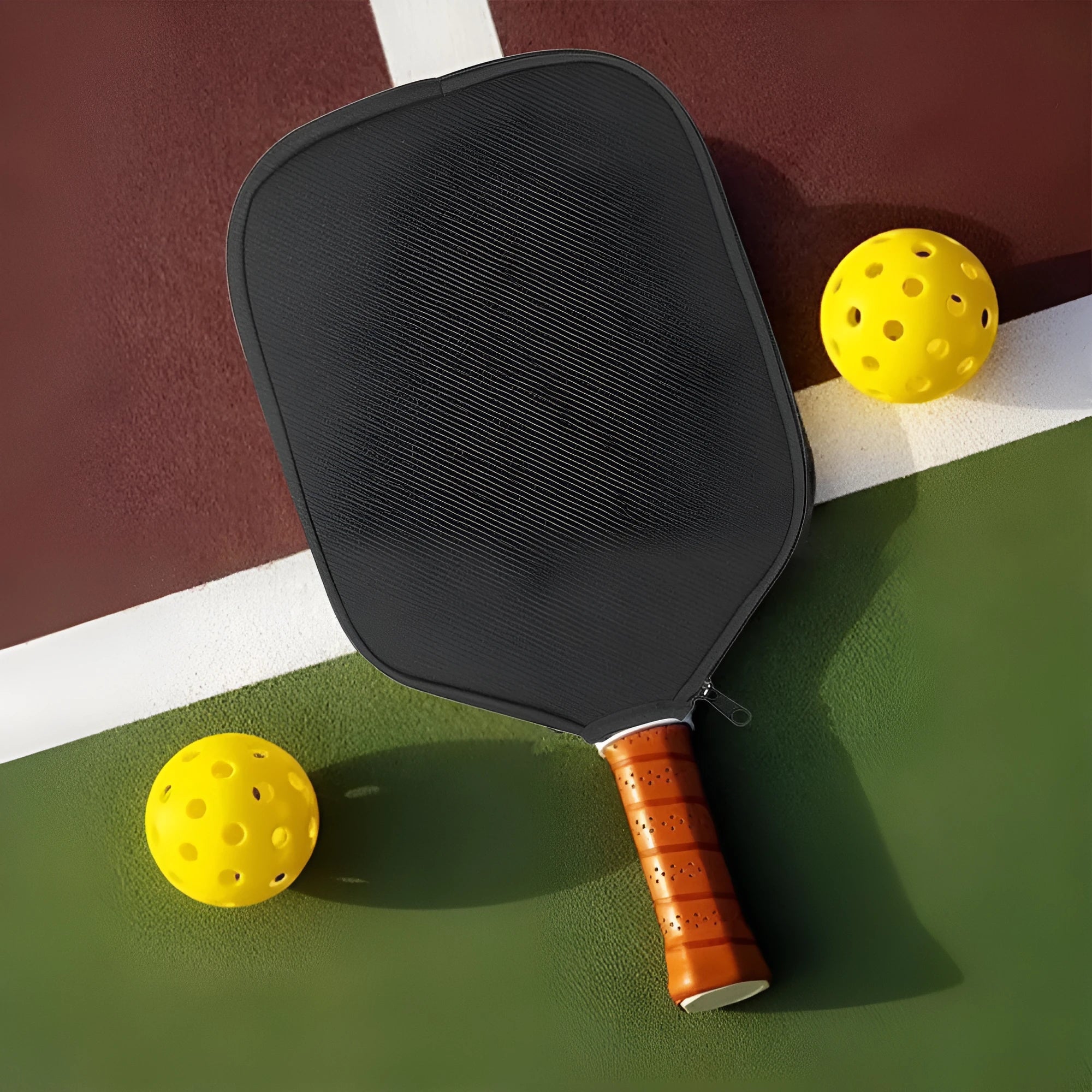 Black neoprene protective sleeve for table tennis racket on solid background
