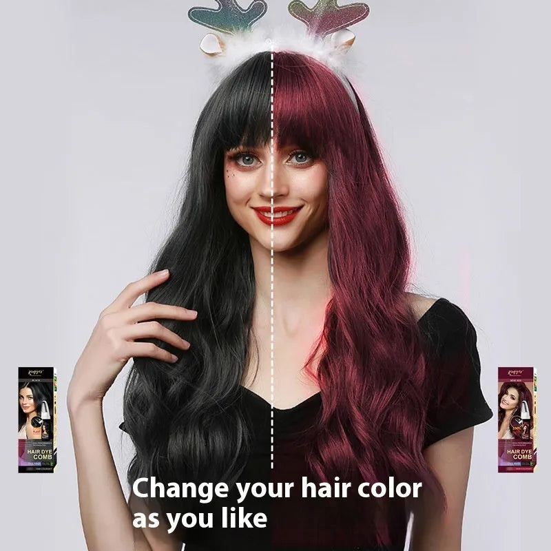 Easy Coloring Comb hair dye kit with 200ml bottle and attached comb applicator in brown, dark brown, or wine red
