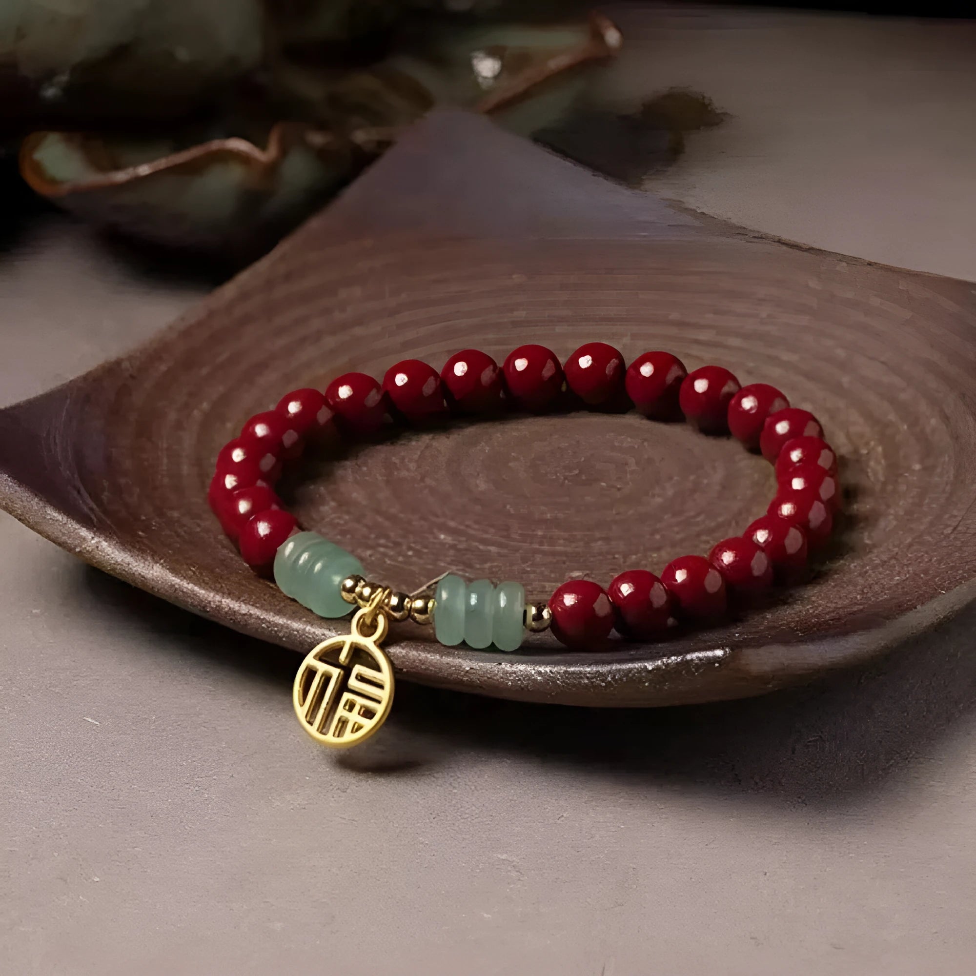 Handmade gold cinnabar wave bracelet with copper beads in national style unisex design.