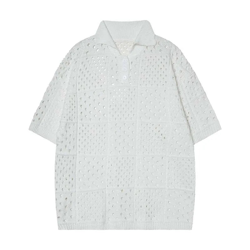 Solid colour hollow high sense short-sleeved knitting polo shirt in loose cardigan style