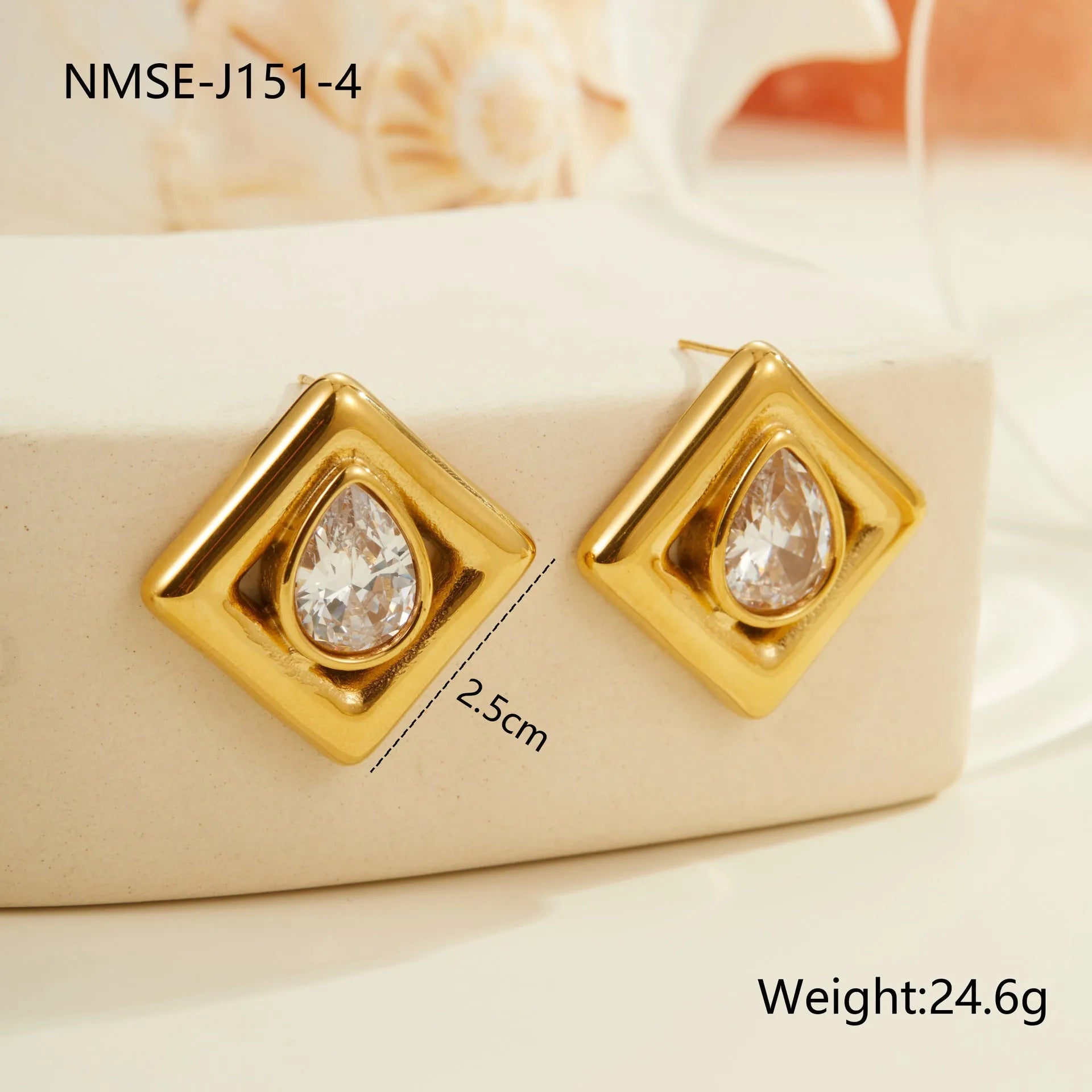 Geometric water drop shaped stud earrings with zircon inlay and gold electroplated finish