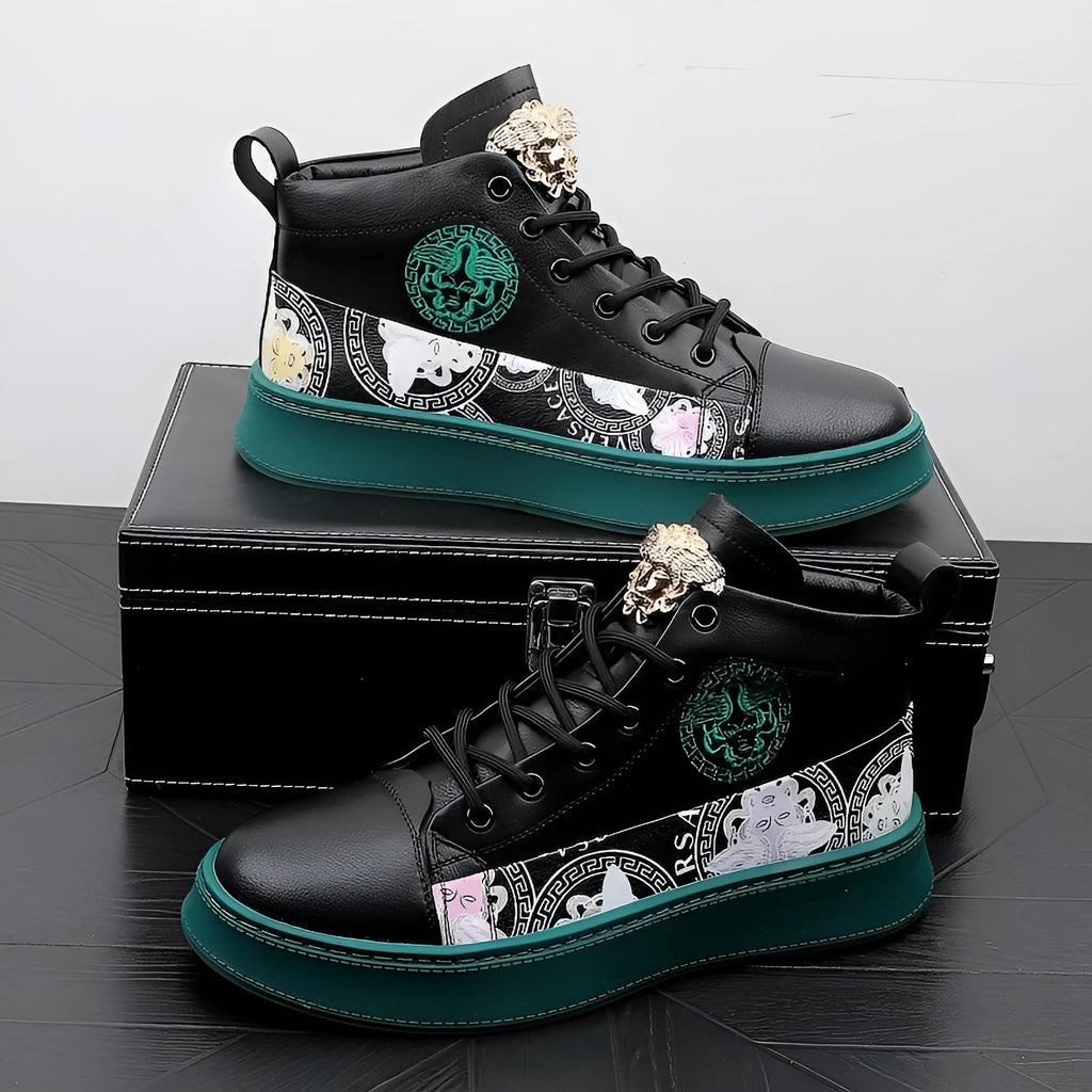 Men's black high-top board shoes with white sole, lace-up closure, and round toe
