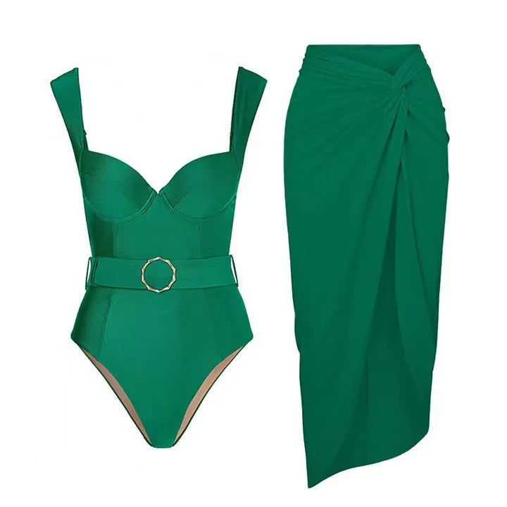 Women's one-piece swimsuit with skirt in polyester fabric for swimming activities