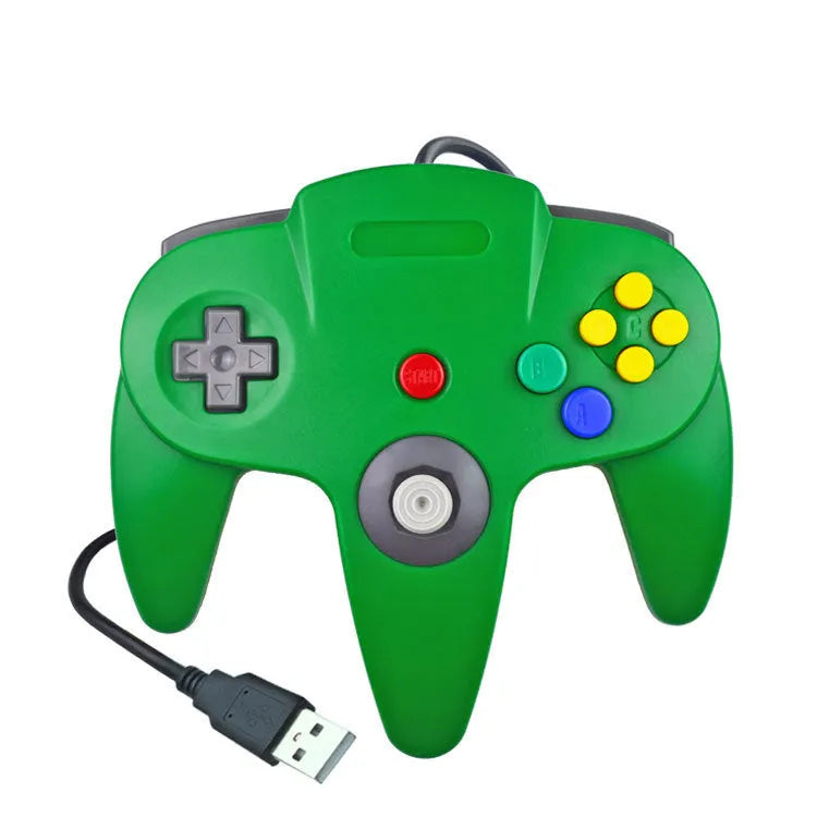 Blue USB N64 game controller for PC computers on a grey background.