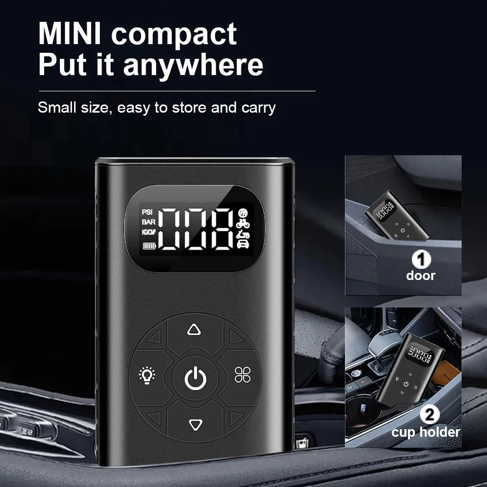 Black portable USB tyre inflator for cars motorcycles bicycles with digital display