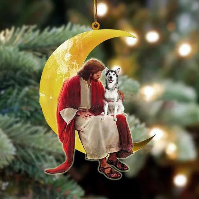 Acrylic flat mini moon Christmas pendant in cartoon style with rope for car decoration