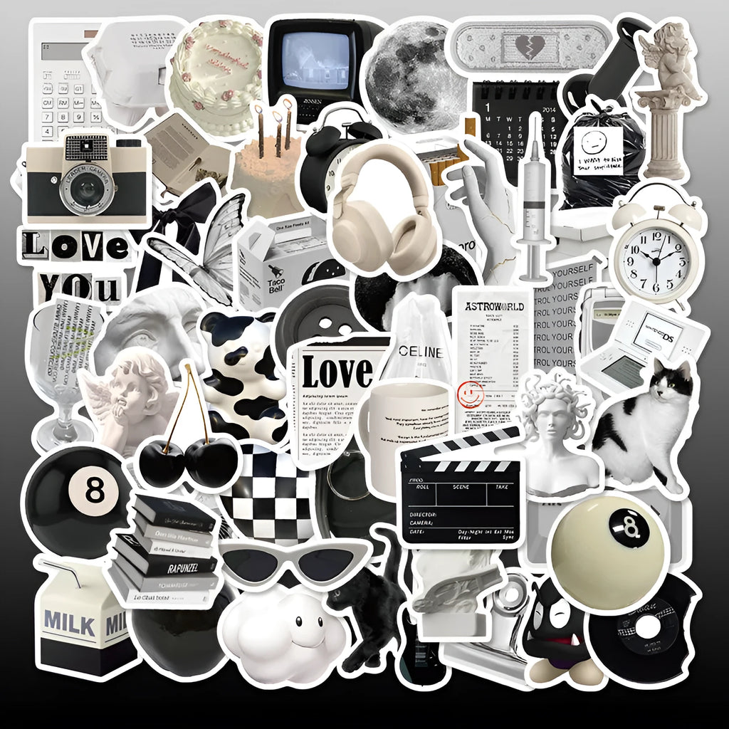 Black and white PVC waterproof sticker set with 61 pieces for laptop and phone decoration