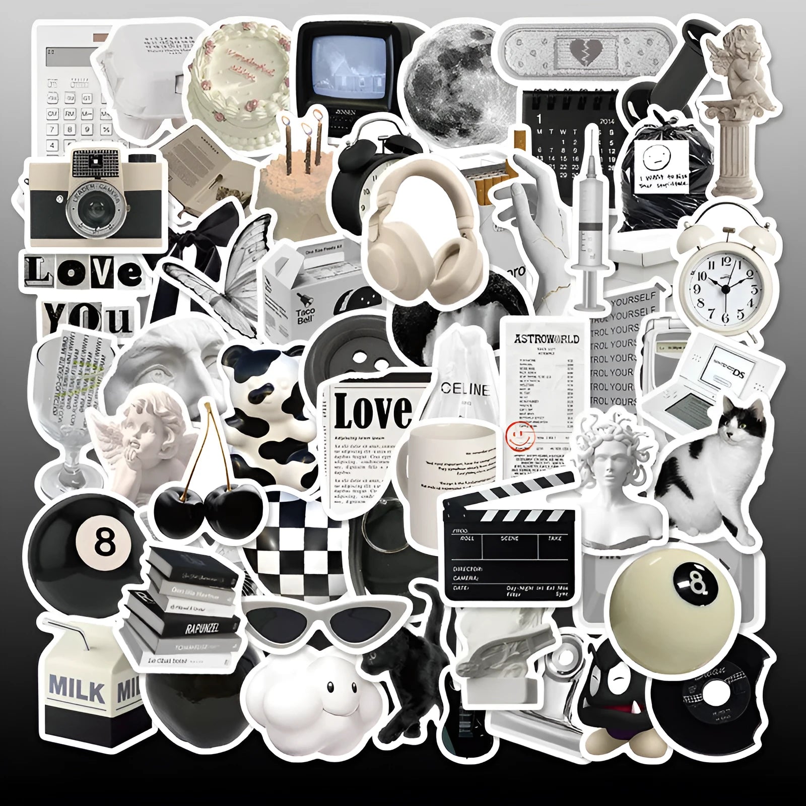 Black and white PVC waterproof sticker set with 61 pieces for laptop and phone decoration