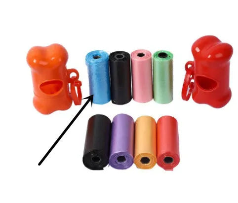 Roll of handled dog poop bags in assorted colours showing dimensions of 22.5 by 30 centimetres