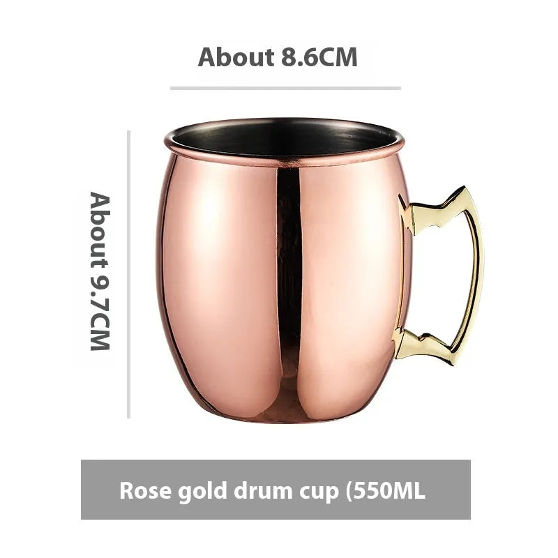 Copper plated stainless steel Moscow Mule mug in hammered and smooth styles, shown in silver, gold, rose gold, and black.