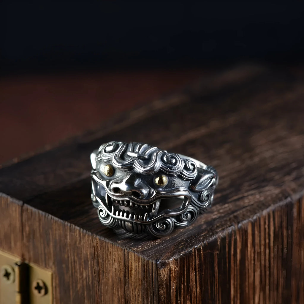 Silver open ring with detailed jibeast animal zodiac pattern and diamond details