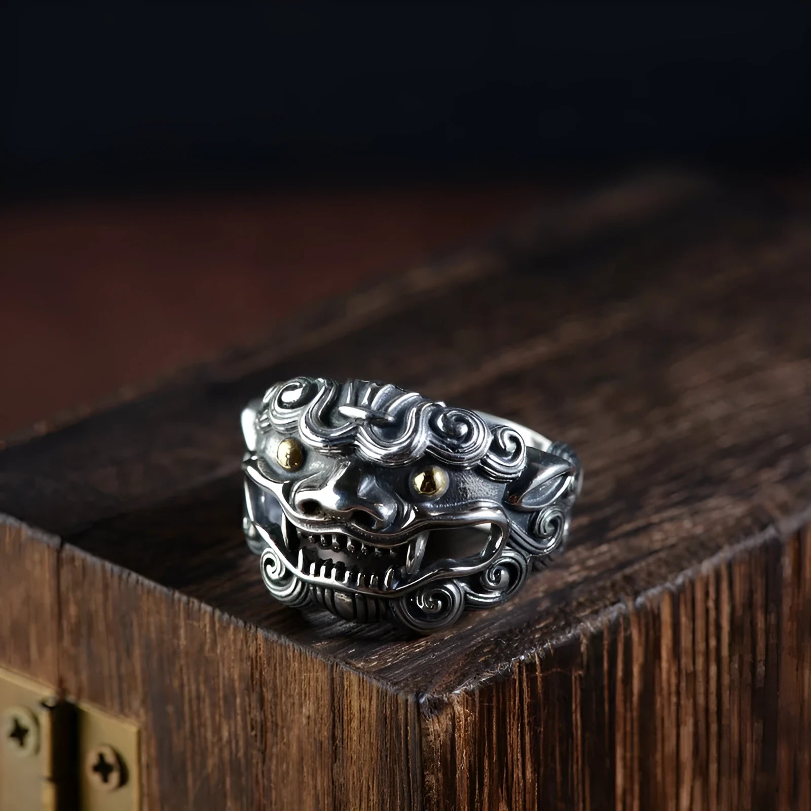 Silver open ring with detailed jibeast animal zodiac pattern and diamond details