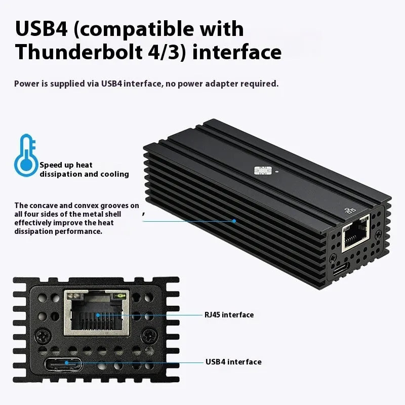 Black Leyu USB4 to 10 Gigabit Ethernet network adapter with RJ45 port and short cable.