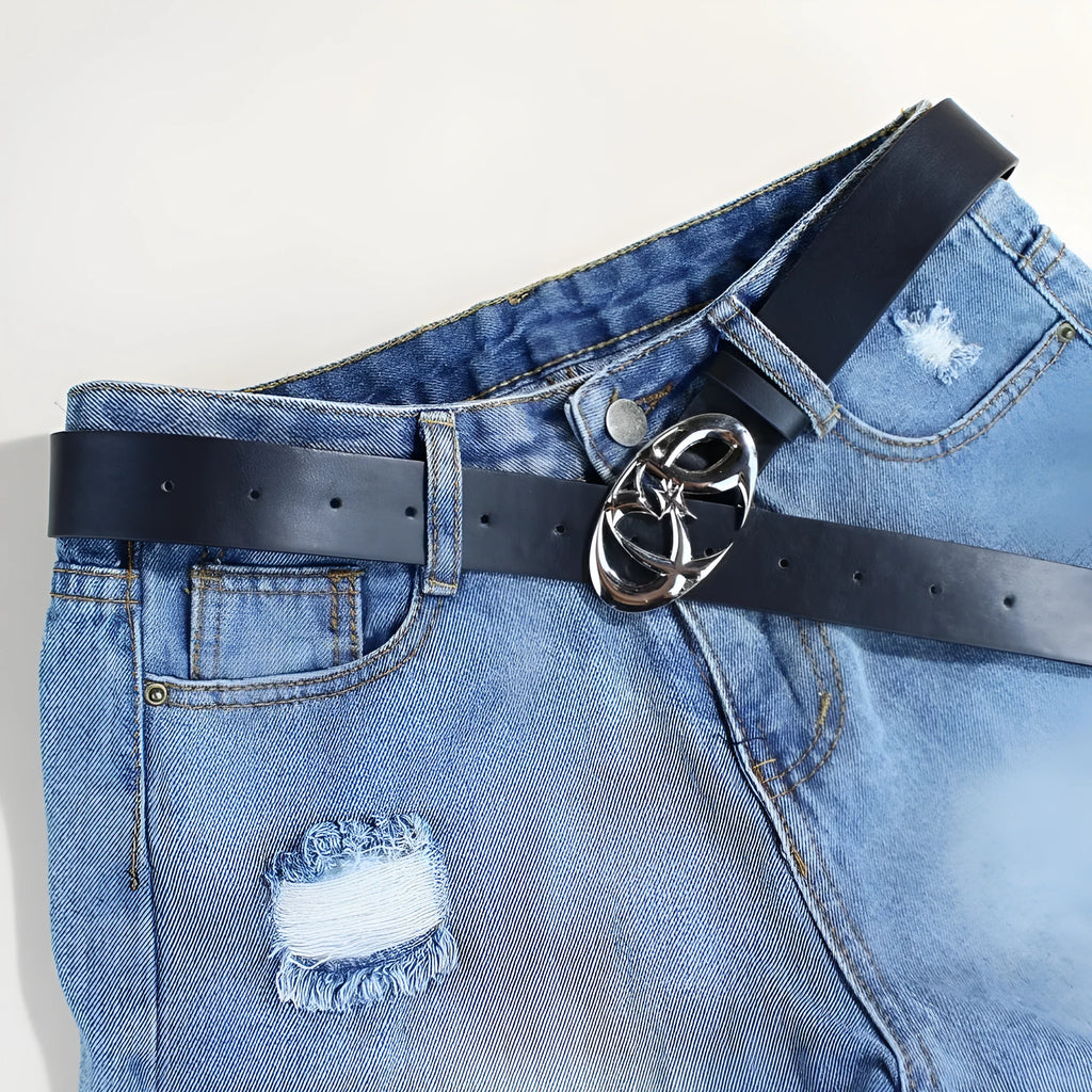 Silver buckle casual belt with snap button fastening on PU leather strap