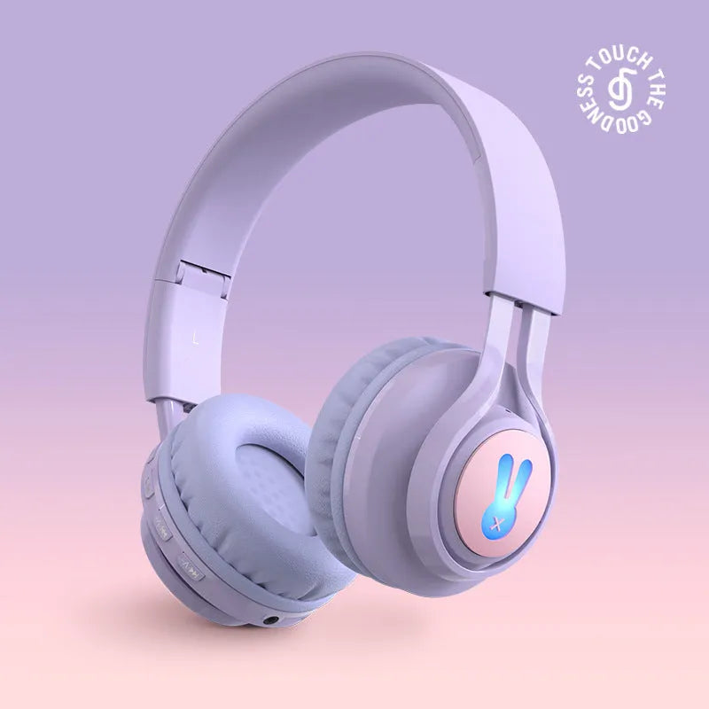 Wireless children's headphones with RGB LED lights in bunny pink colour