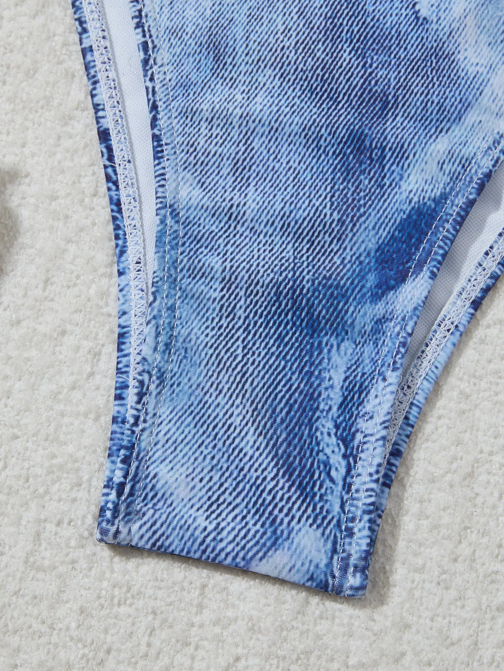 Women's denim blue printed bikini swimsuit with sexy strap design