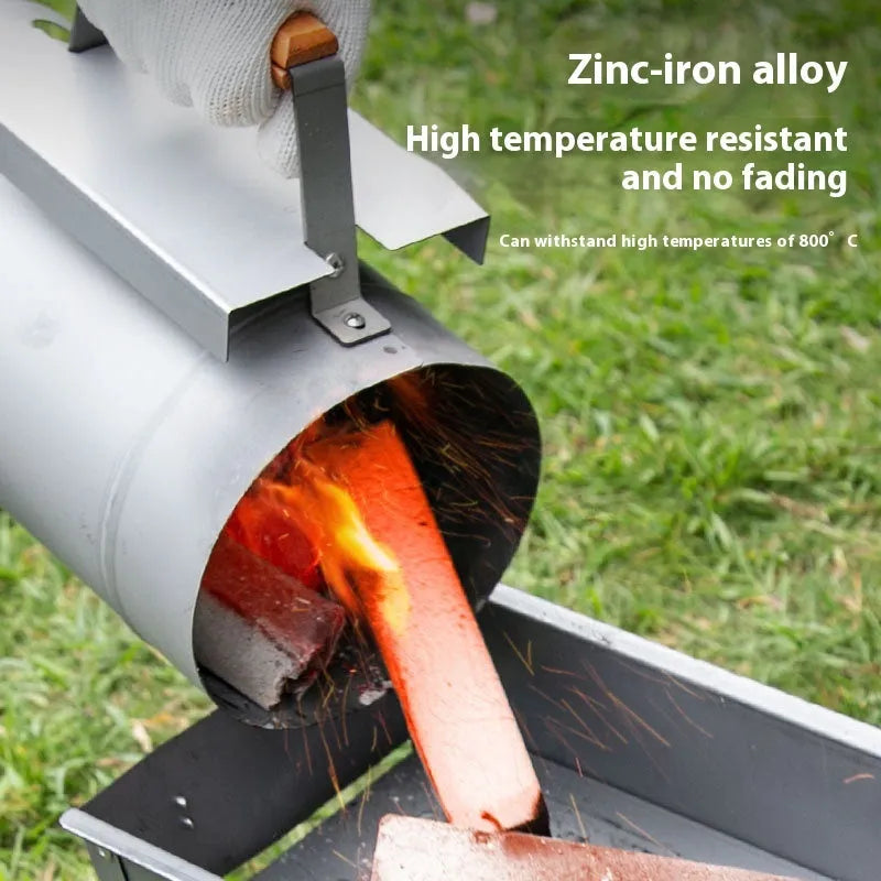 Zinc-iron alloy point carbon barrel style outdoor charcoal fire starter igniter.