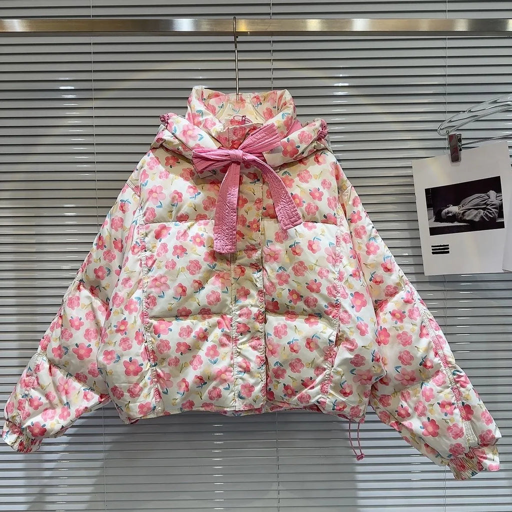 Girls' hand-painted small flower fashion cotton-padded jacket in Korean style for heights 100-170cm
