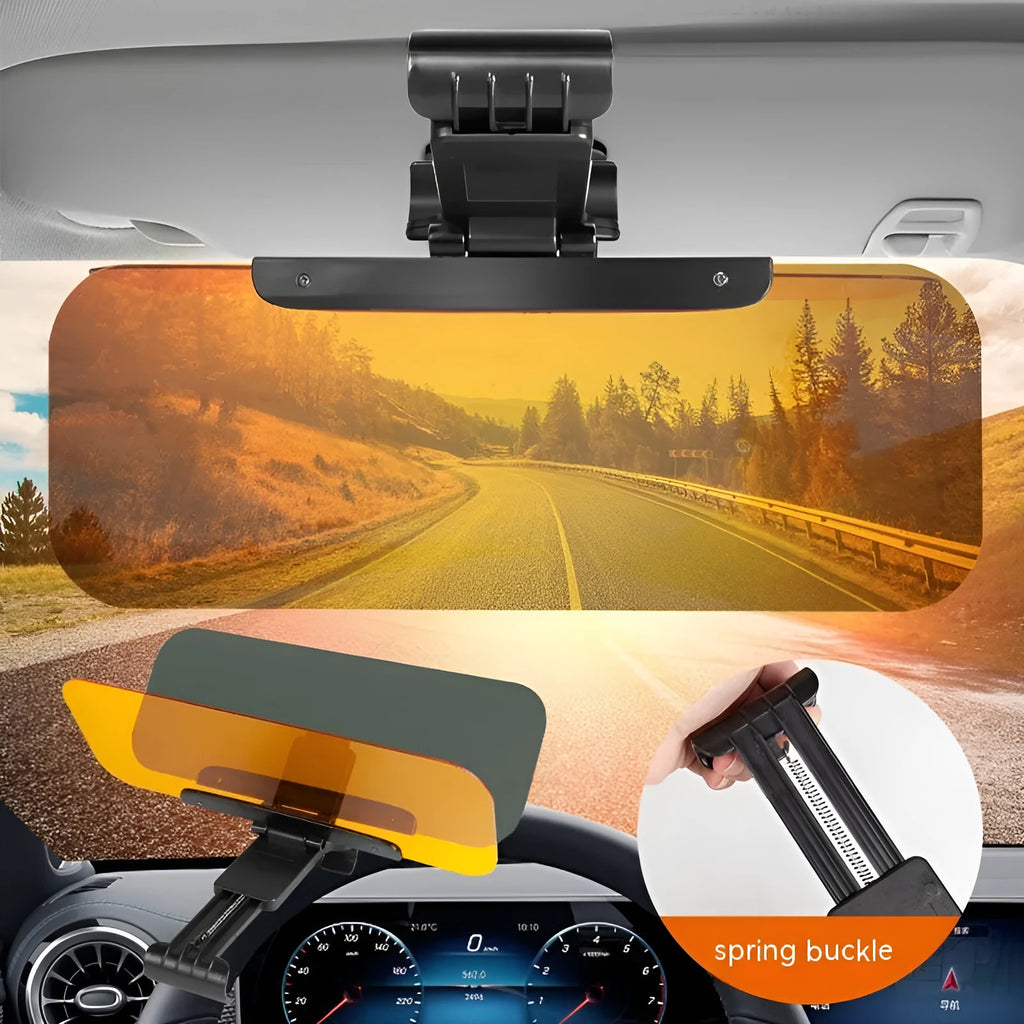Dual-use car sun visor with anti-high beam goggles showing acrylic lens and adjustment components