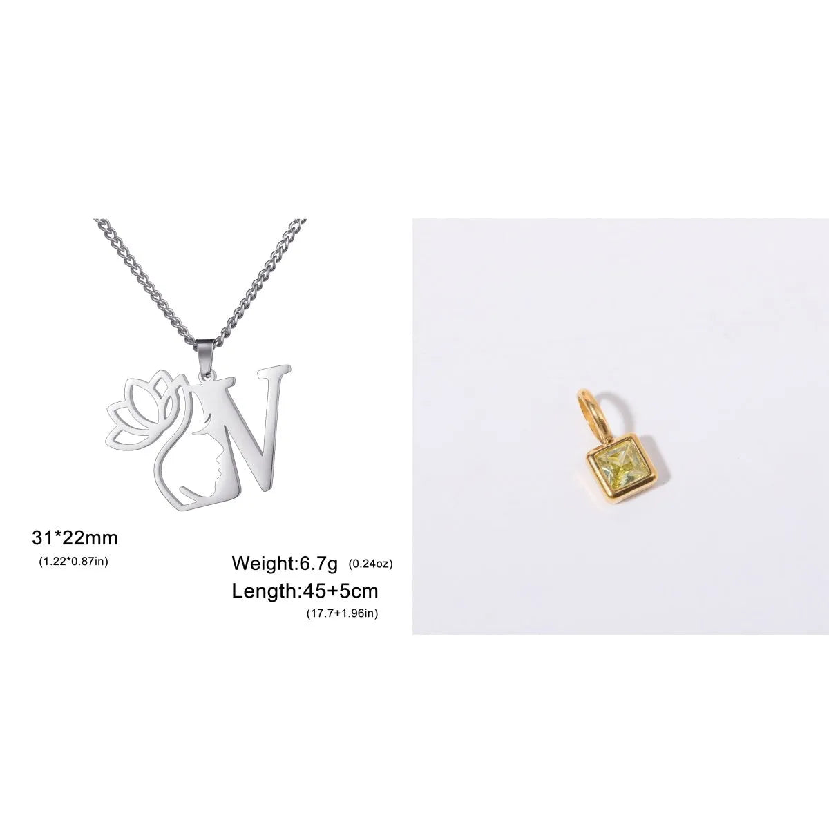 Stainless steel necklace with cross chain design and initial pendant in gold or silver finish