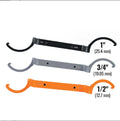 Three-piece magnetic suction wrench kit showing orange, grey, and black tools with different dimensions