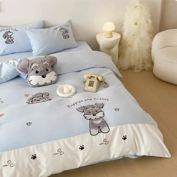 Schnauzer cartoon embroidered cotton bedding set showing quilt cover, sheet, and pillowcases in flat sheet style