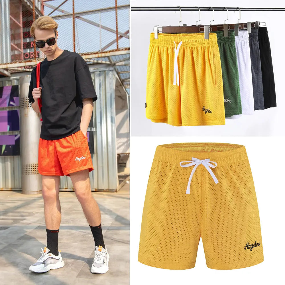 Men's personalised double-layer mesh shorts in polyester available in eight colours including sports purple with Asian sizing