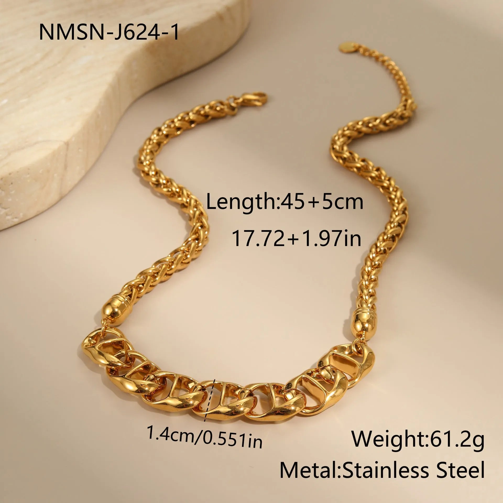 Gold plated stainless steel geometric chain necklace for women on a white background.